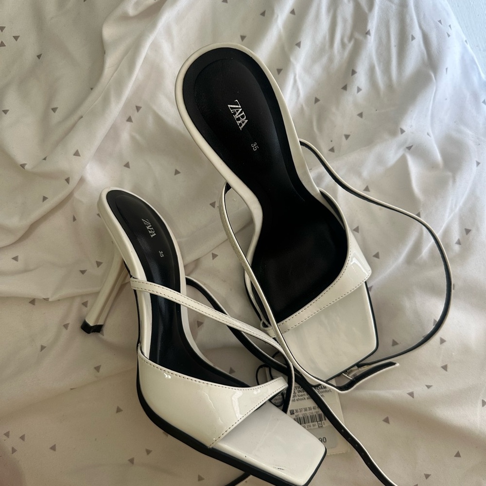 Zara White and Black Heels with Square-Toe Design